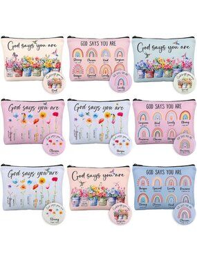 9 Sets Canvas Makeup Bags with Mirrors - Floral Pouches for Cosmetics, Travel